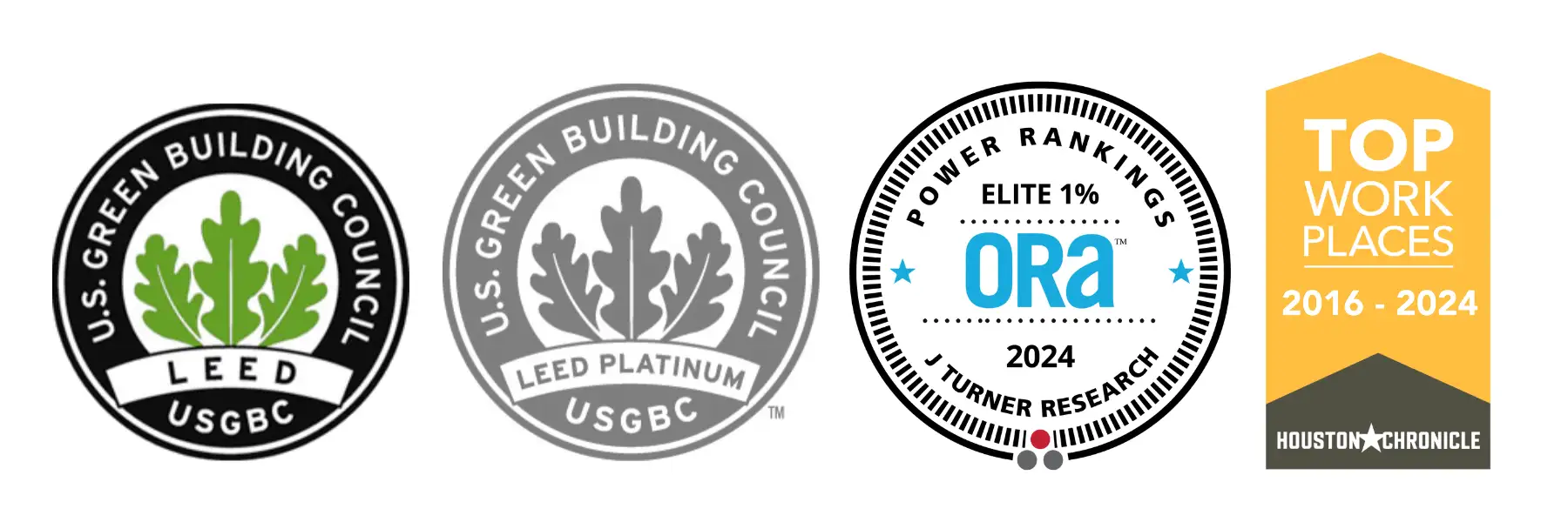 Four award badges including LEED certification, LEED Platinum, Power Rankings for Elite 1% by J. Turner Research, and a badge for Top Work Places 2016-2024 from Houston Chronicle.