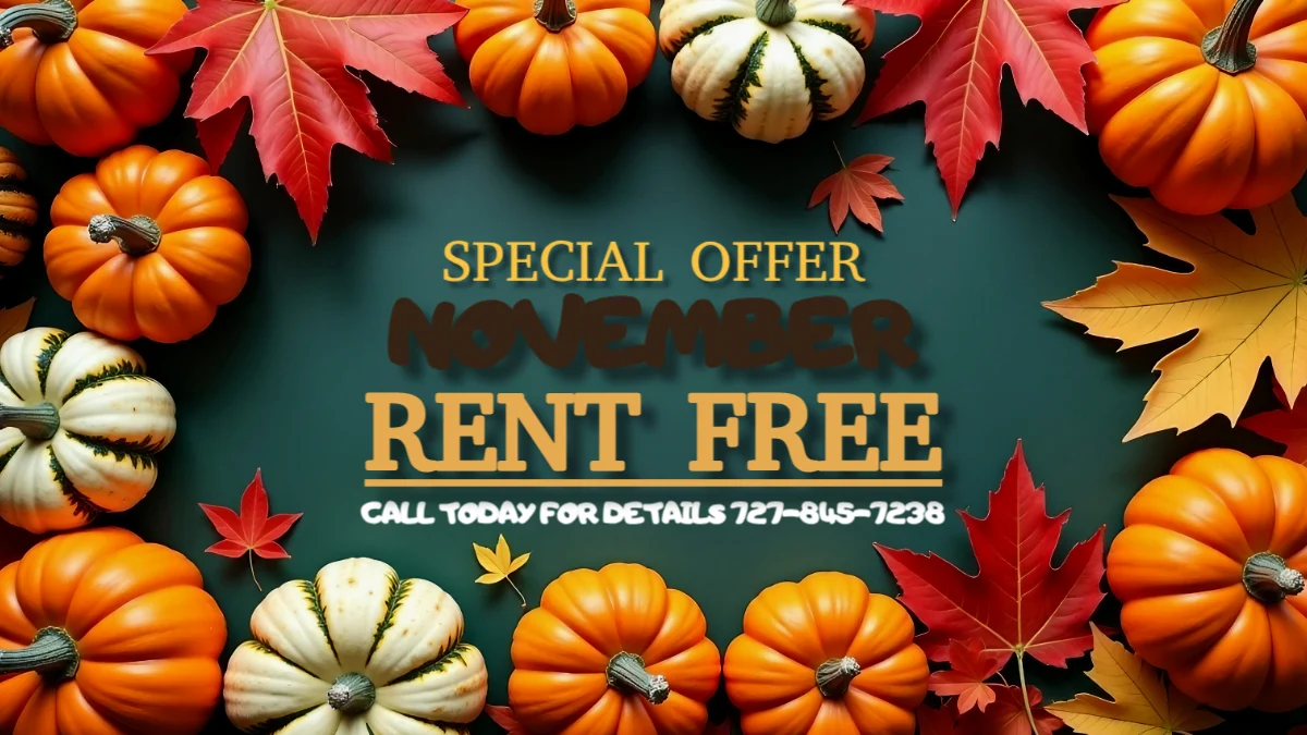 A fall-themed promotional graphic featuring pumpkins and autumn leaves, highlighting a rent-free offer for November with a contact number.