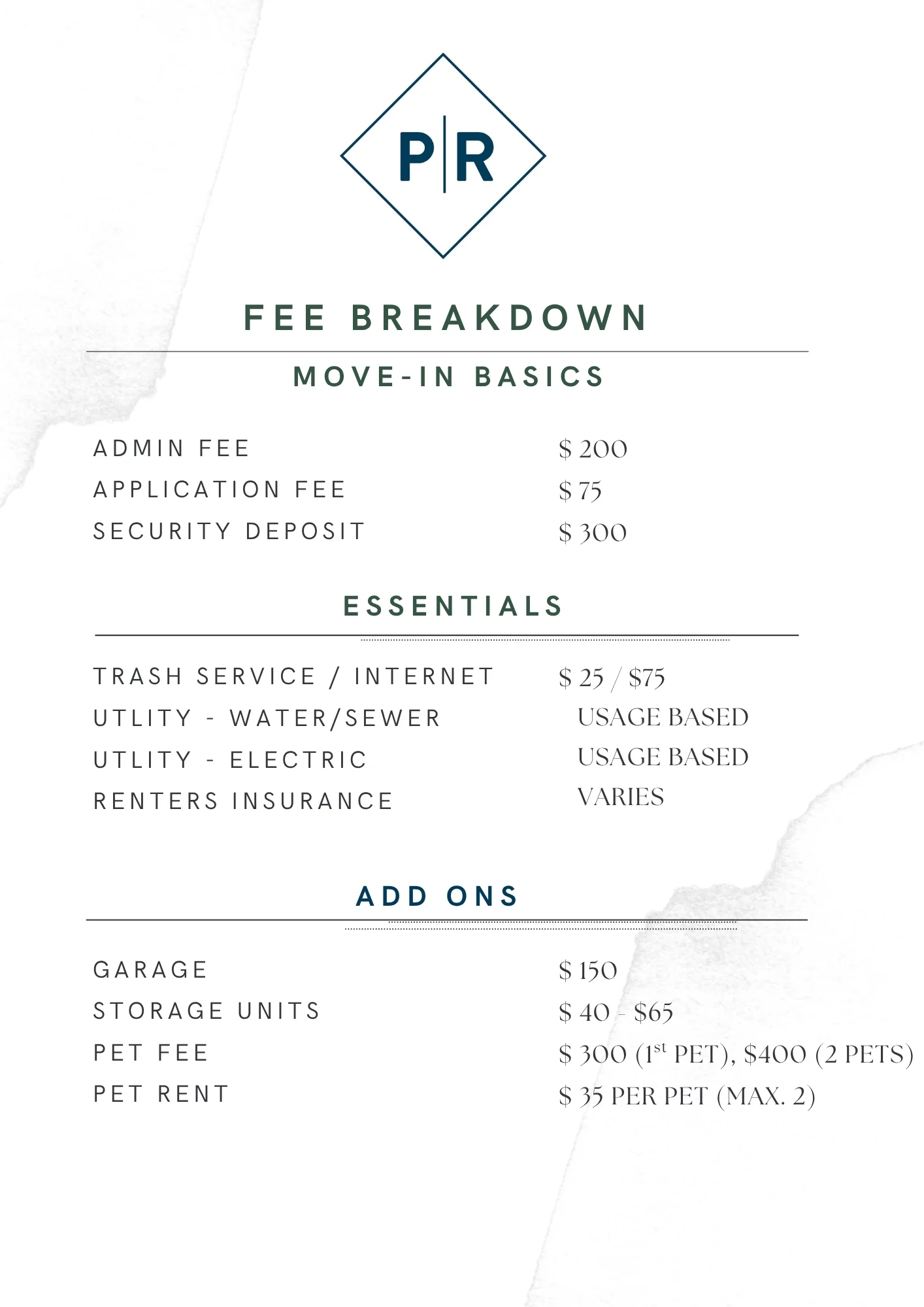 A fee breakdown document listing various costs associated with moving into an apartment, including admin fees, application fees, security deposit, and additional charges for services and amenities.
