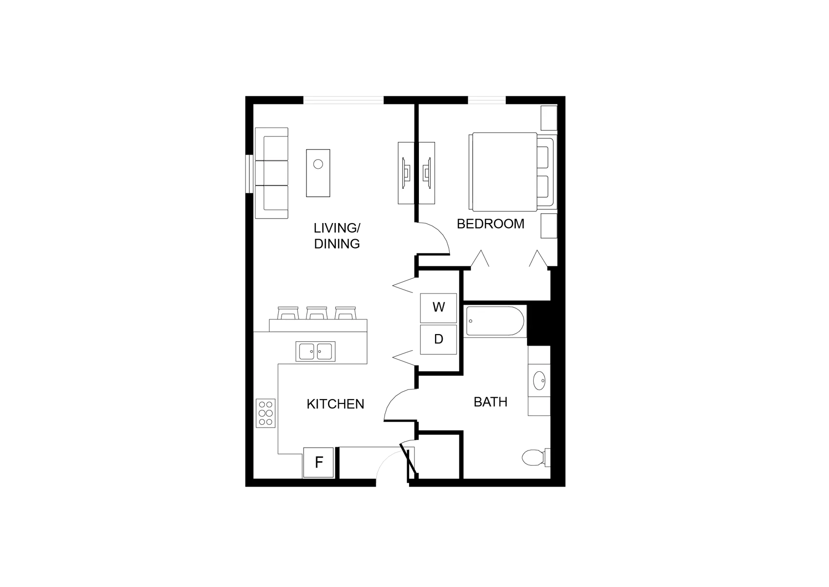 A simple floor plan layout of a small apartment featuring a living/dining area, kitchen, bedroom, and bathroom.