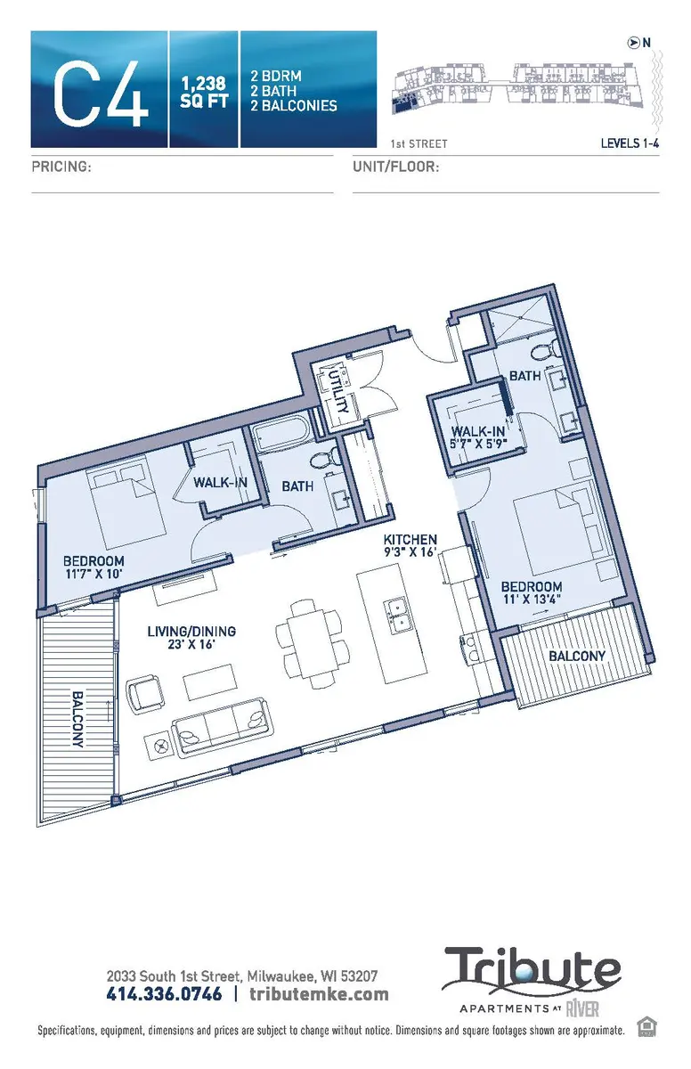 C4 Apartment Floor Plan Blueprint of a 2-bedroom apartment layout with kitchen, living area, and two balconies.