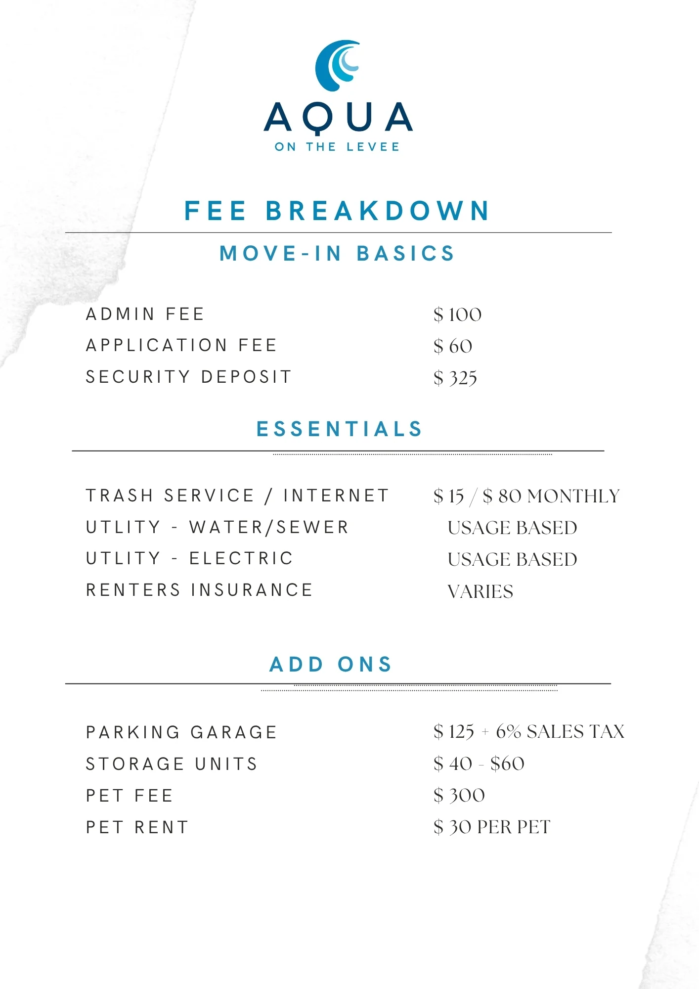 Fee breakdown for Aqua on the Levee including move-in basics, essentials, and add-ons.