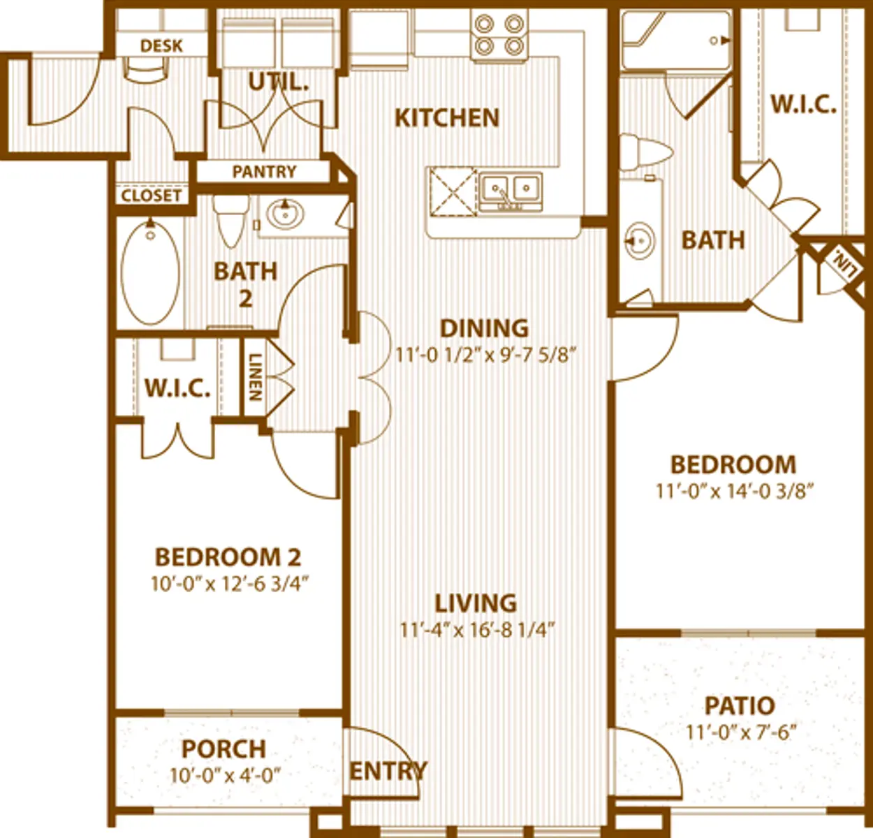 A detailed floor plan of an apartment featuring bedrooms, bathrooms, kitchen, dining area, living room, patio, and additional spaces.