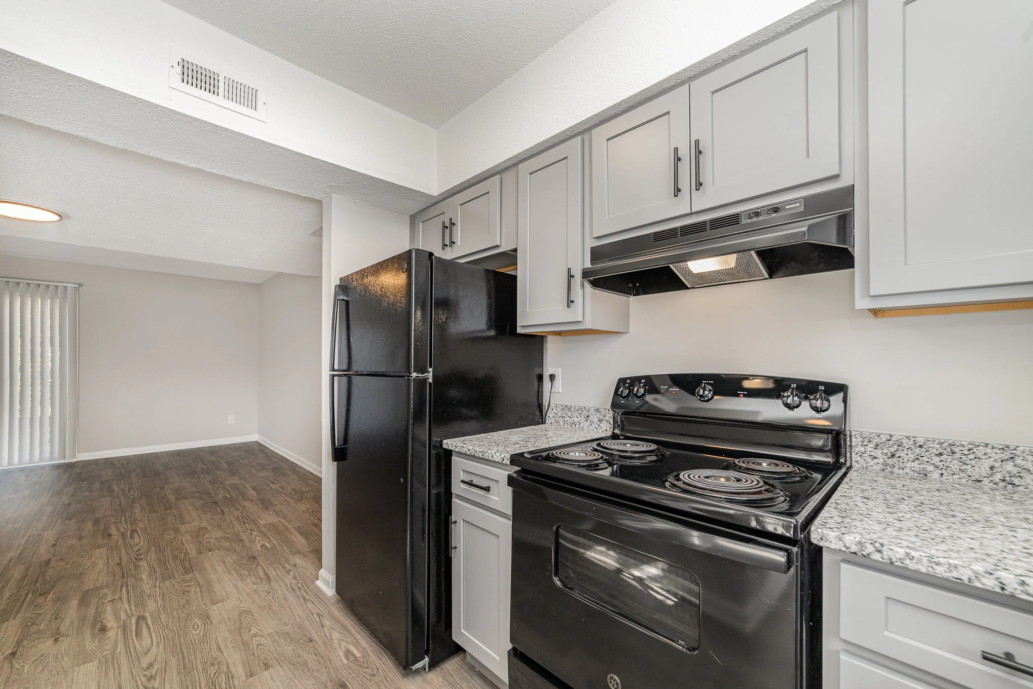 A modern kitchen with gray cabinets, black appliances, and a granite countertop. The kitchen features an electric stove, hood, and refrigerator, with a spacious living area visible in the background.