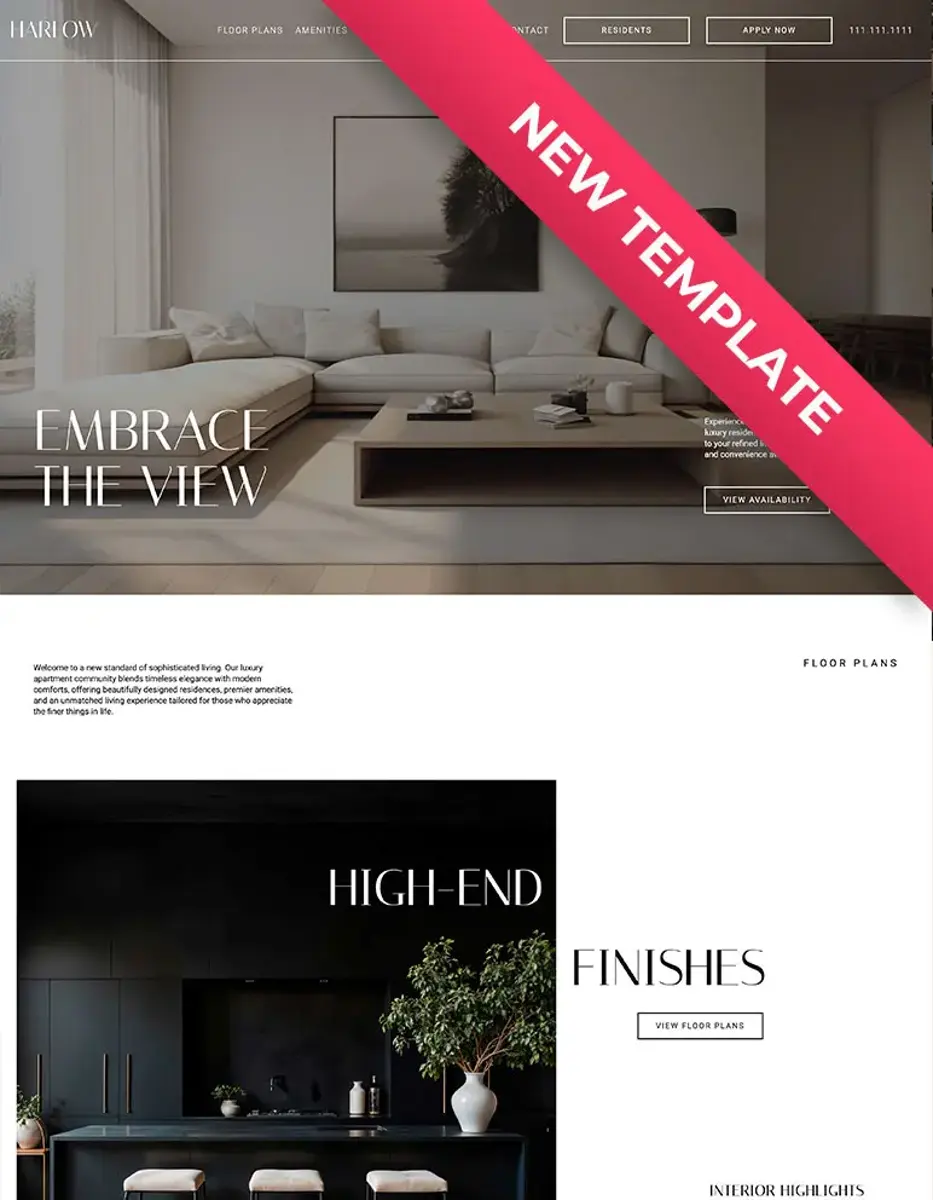 Luxury Living Template A modern webpage design featuring a sleek living room with a large sofa and a coffee table. The header reads 'Embrace the View' and there is a section highlighting 'High-End Finishes' with an image of a dark kitchen space. A prominent banner announces 'NEW TEMPLATE'.