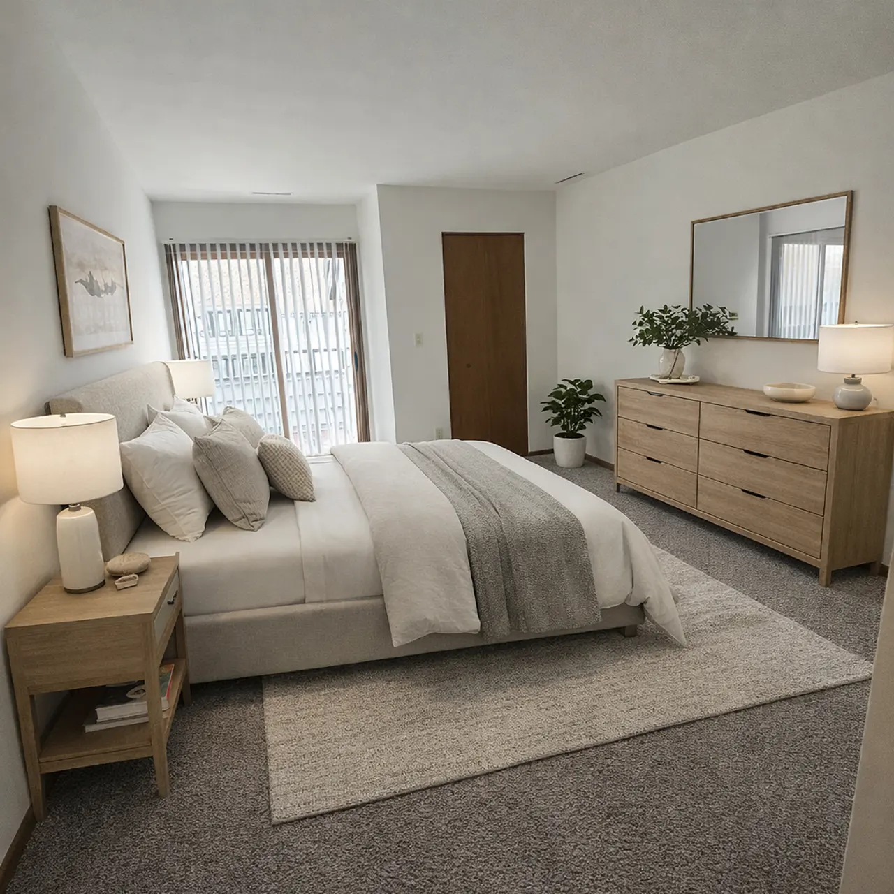 A spacious modern bedroom featuring a large bed with white linens, two bedside lamps, and a light wooden dresser. There is a mirror on the dresser and a potted plant next to it, with large windows allowing natural light to fill the room.