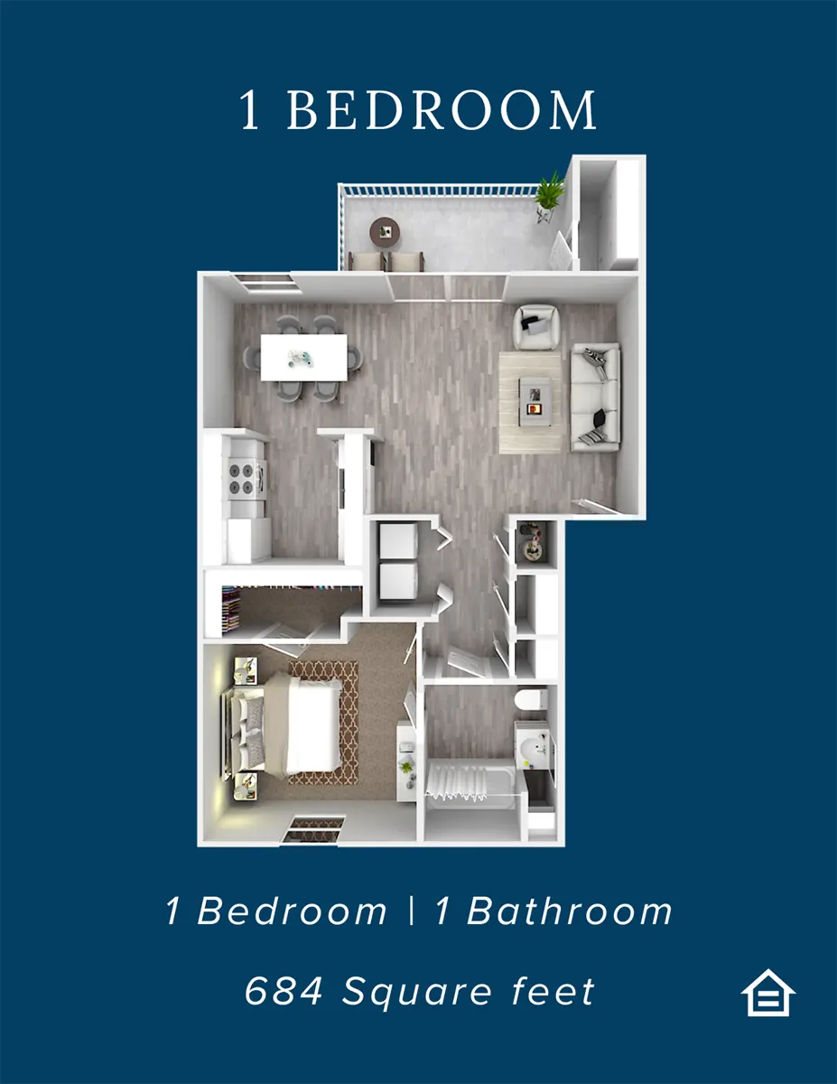 Floor plan of a one-bedroom apartment with an open living area, kitchen, bathroom, and bedroom.