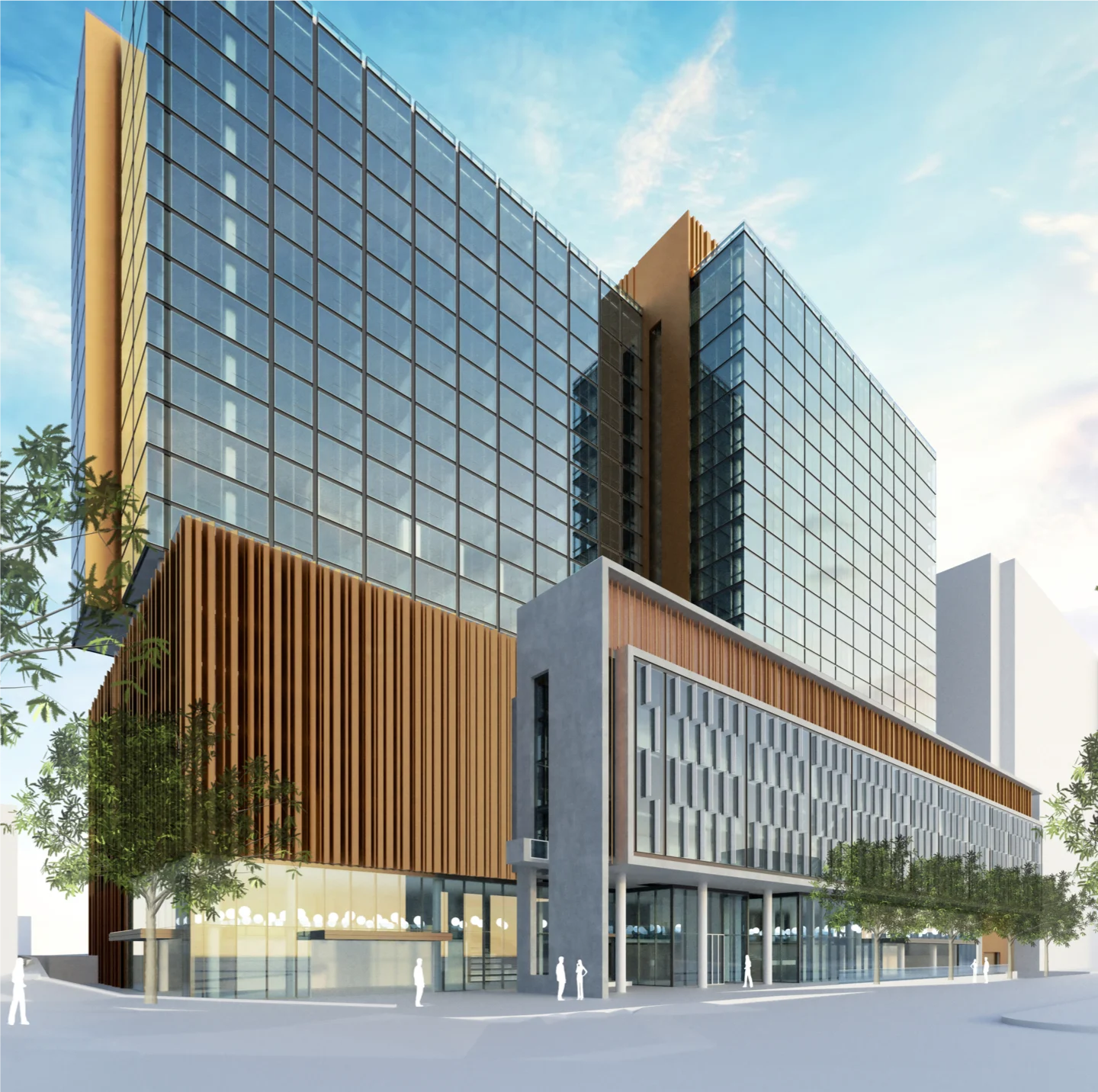 Contemporary Office Building Design A modern architectural design of an office building featuring glass façades and wooden elements.