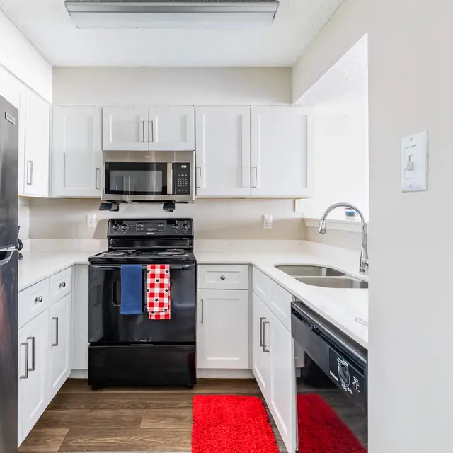 A modern kitchen featuring stainless steel appliances, including a refrigerator and microwave, black stove, white cabinets, and a dishwasher. A red rug is placed on the floor, and there are towels hanging on the stove.