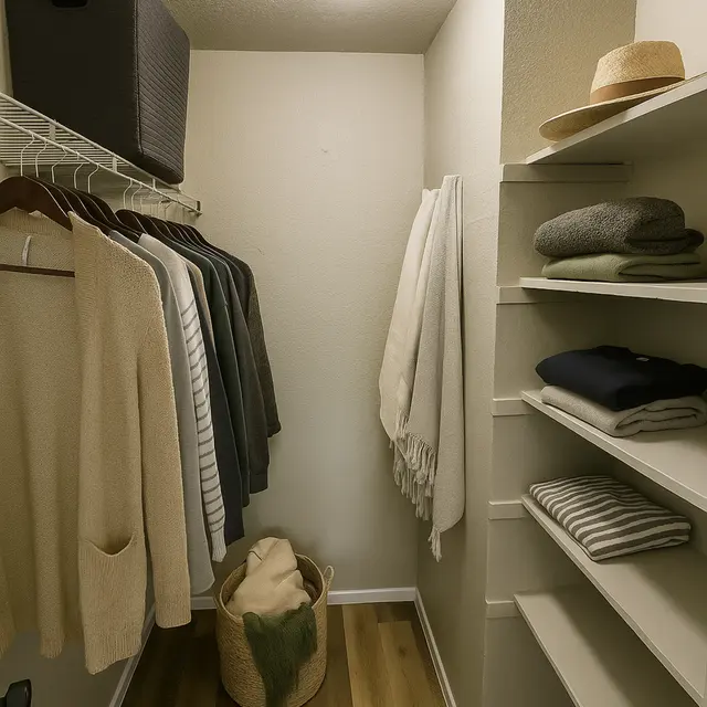 A neatly organized closet with hanging clothes, shelves holding folded items, and a basket on the floor.