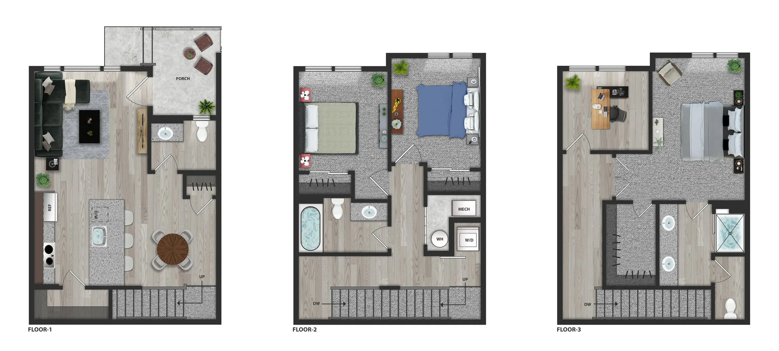 Three floor plans showing different layouts of residential spaces, with furniture placements and room names.