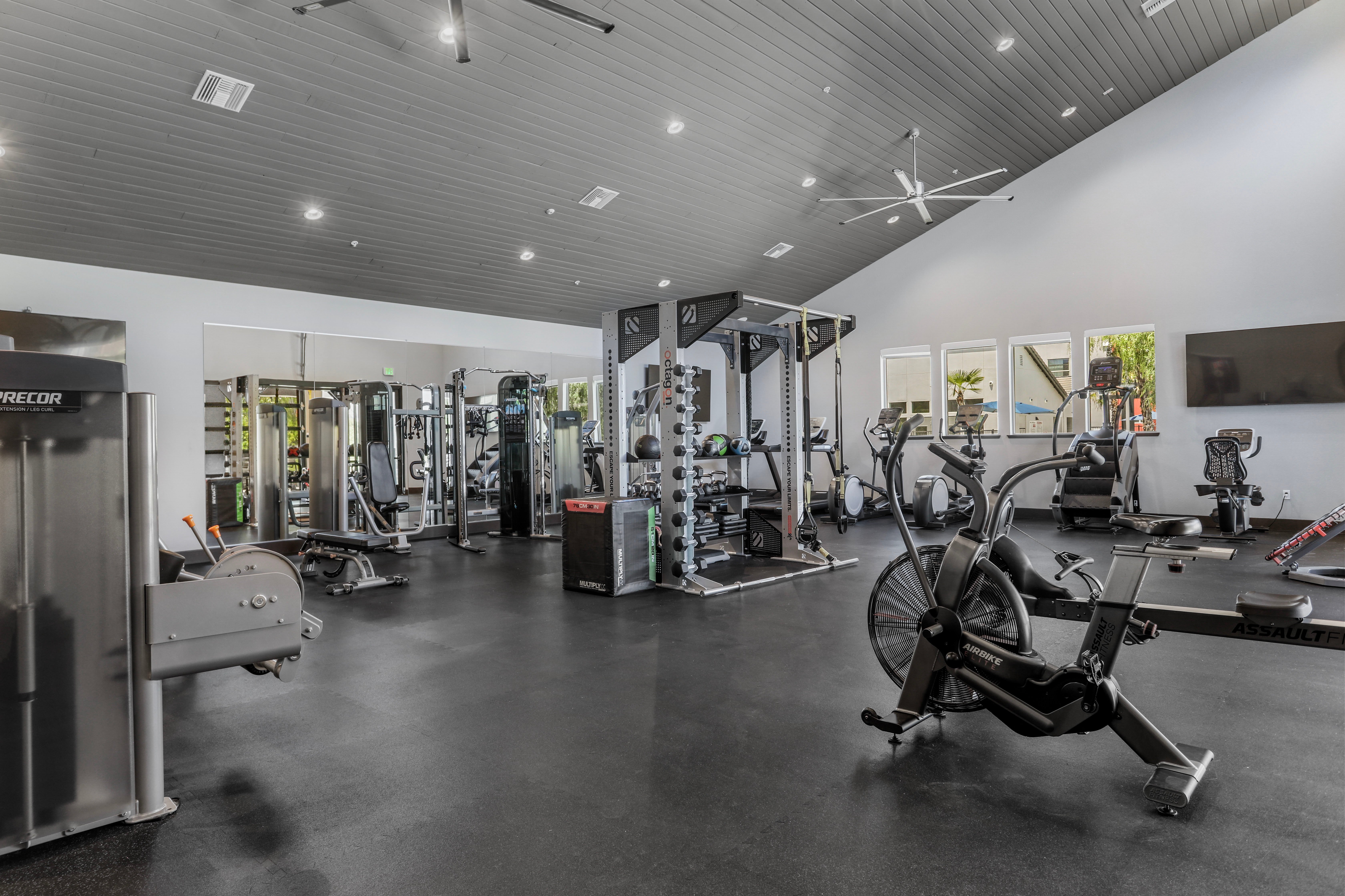 A spacious modern gym featuring various exercise equipment, including treadmills, weight machines, and free weights, under bright, well-distributed lighting.