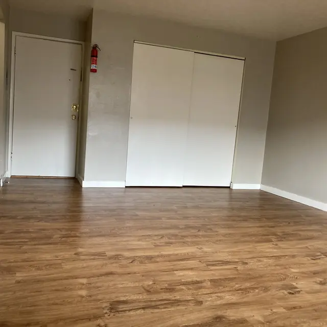 An empty room featuring wooden flooring and light-colored walls, with a closed door and bifold closet doors visible.