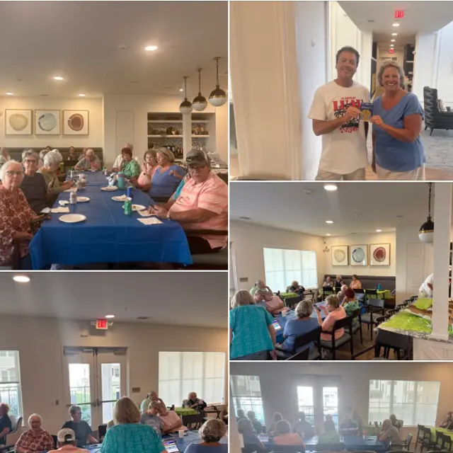 A collage of photos from a community Trivia Night event featuring attendees seated at tables, a man and woman posing for a photo, and people listening to a speaker.