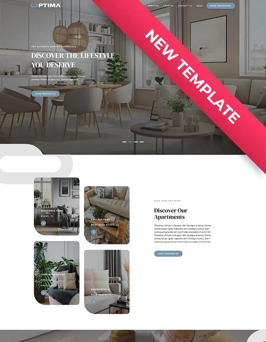 New Apartment Template A modern website template showcasing a stylish apartment interior with sections highlighting available apartments.