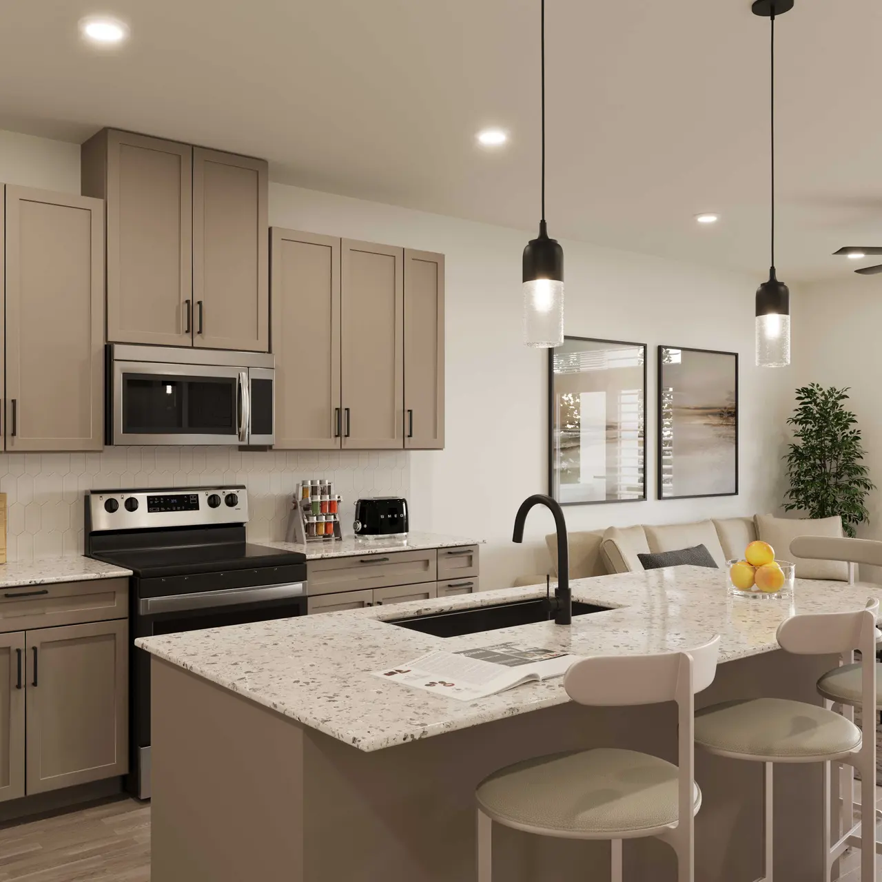 A modern kitchen featuring light brown cabinets, stainless steel appliances, and a large island with seating. The adjacent dining area has a beige sofa and a round table. Bright natural light enters through large windows.