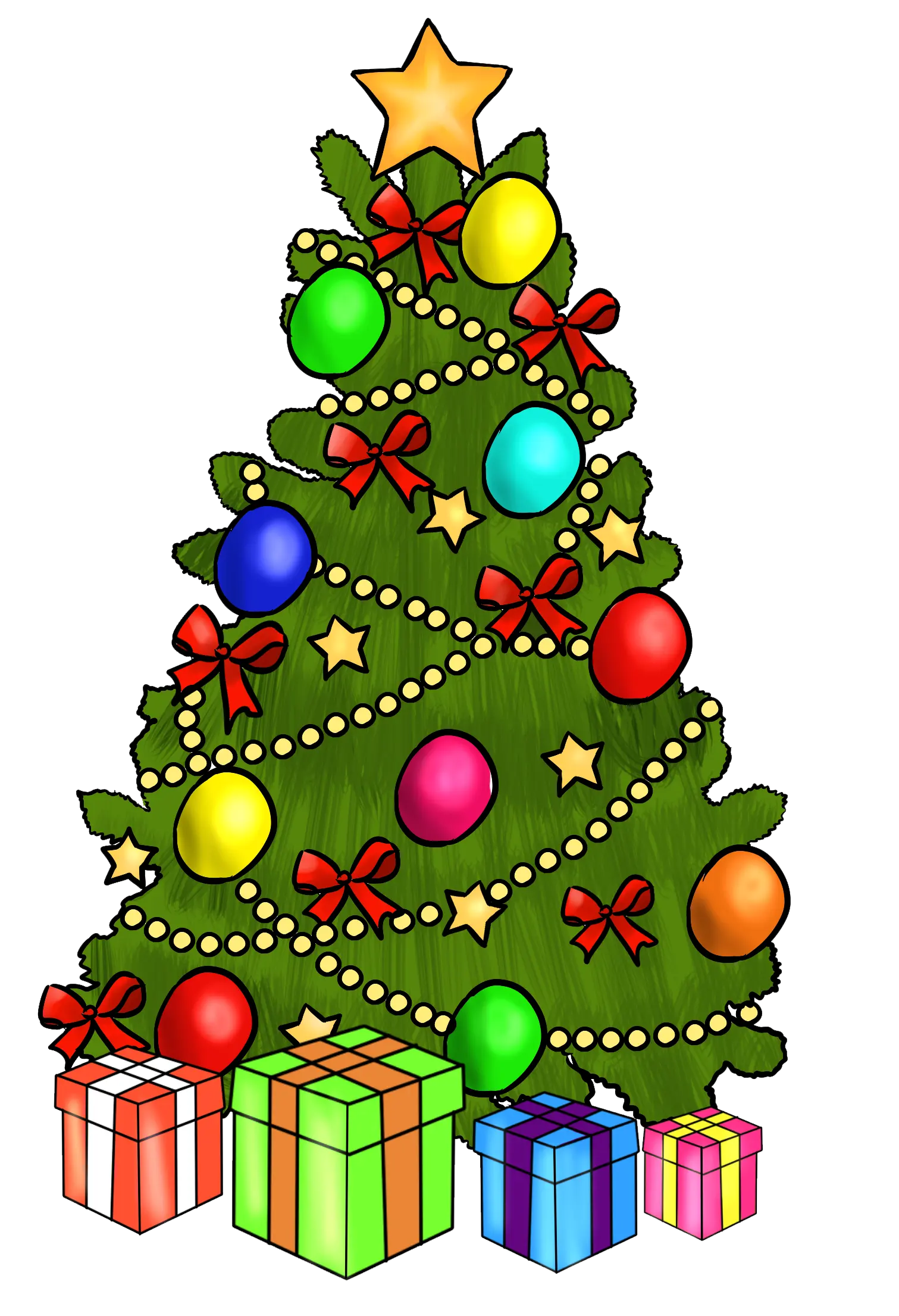 A decorated Christmas tree with colorful ornaments, ribbons, and a star on top, surrounded by wrapped gifts in various colors.