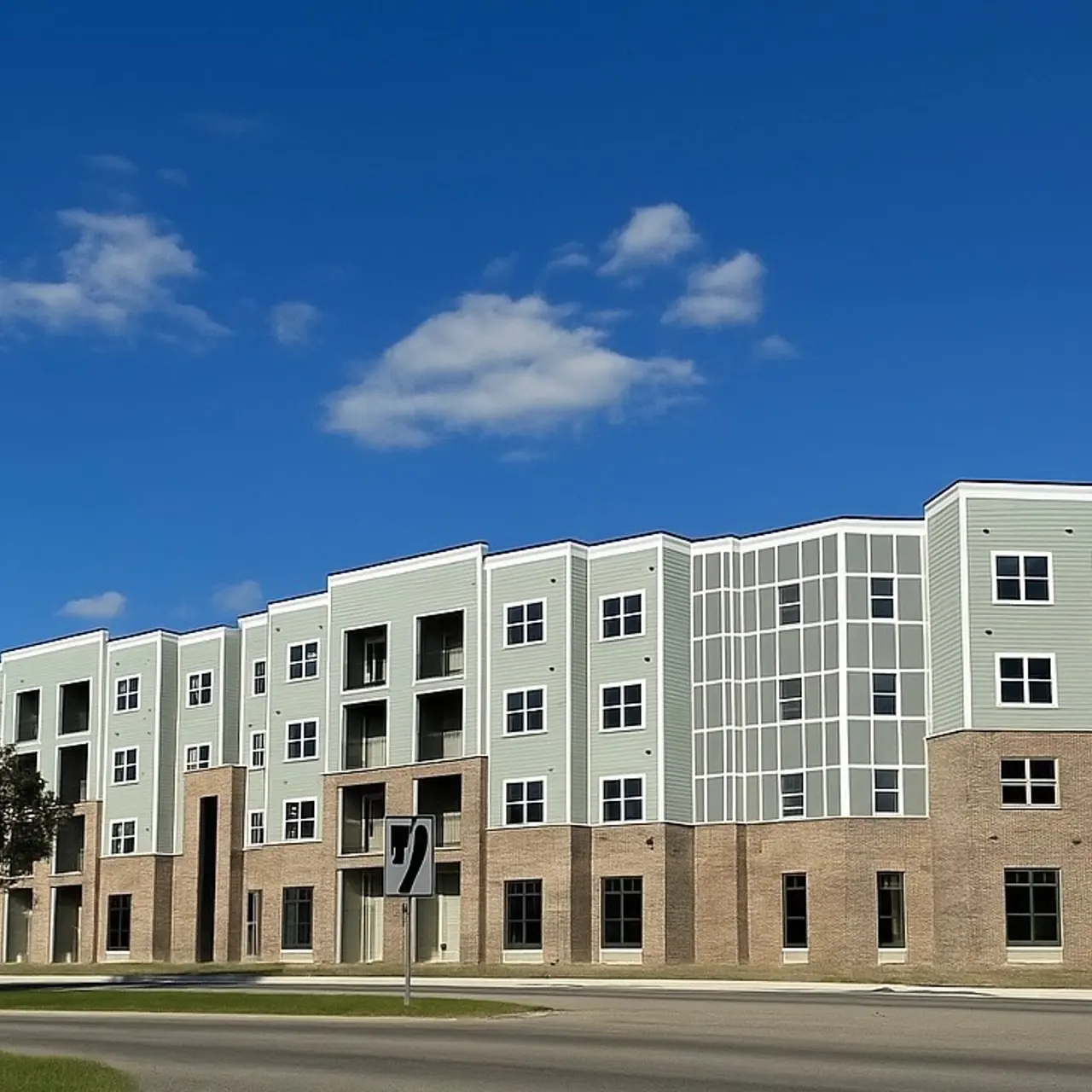 A modern multi-story apartment building featuring a mix of beige and light green exterior and large windows under a clear blue sky.