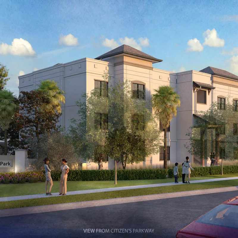 Architectural rendering of a residential building with lush landscaping and palm trees; the foreground shows a road with a parked red car and pedestrians walking along the sidewalk.