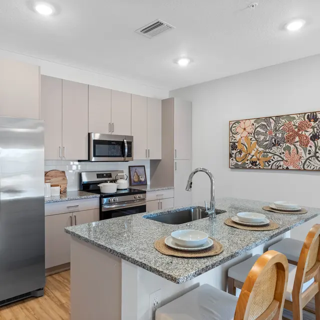 A modern kitchen featuring sleek stainless steel appliances, light colored cabinets, and a granite countertop. A decorative wall art is displayed above the counter with three place settings visible.