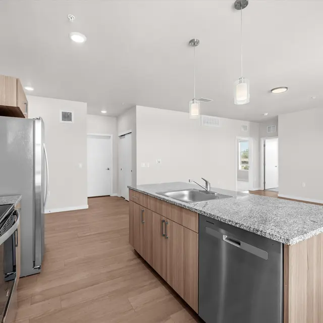 A modern kitchen featuring wood cabinetry, stainless steel appliances, and a granite island. The space is well-lit with pendant lighting and has an open layout.