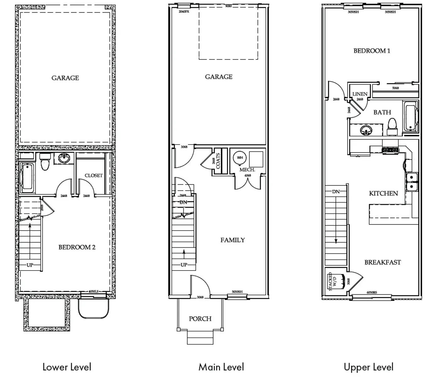 Three-Level House Floor Plan A three-level floor plan showing a lower level with a garage and two bedrooms, a main level featuring a family room and garage, and an upper level with two bedrooms, a bathroom, a kitchen, and a breakfast area.