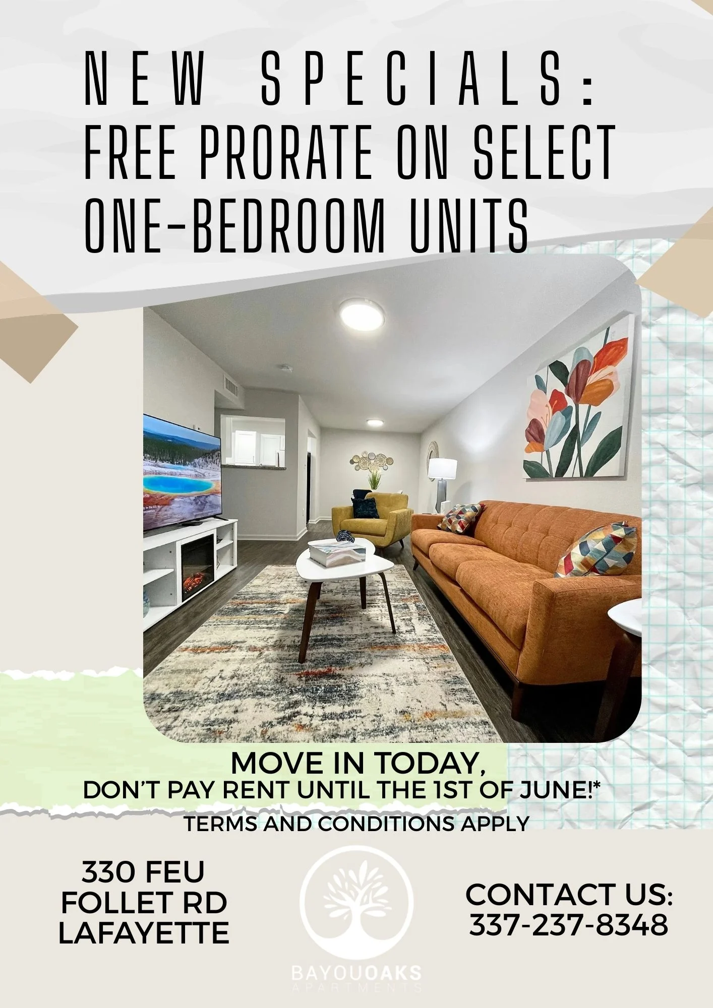 Promotional poster for Bayou Oaks featuring new rent specials for one-bedroom units