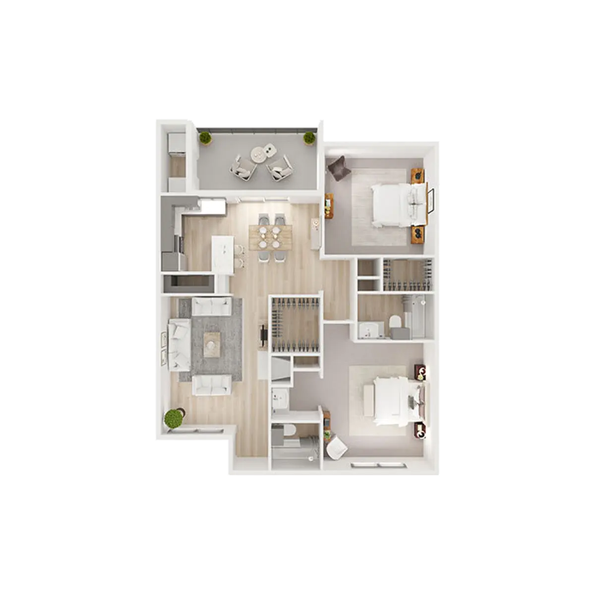 Toro Place 3D top-down layout of a modern apartment with two bedrooms, a living room, kitchen, and dining area.