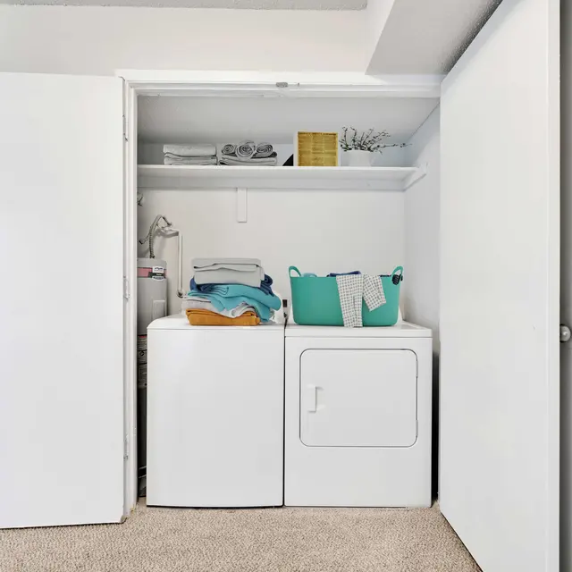 Carpeted room with a closet with washer and dryer and shelving at Dallas, TX apartments