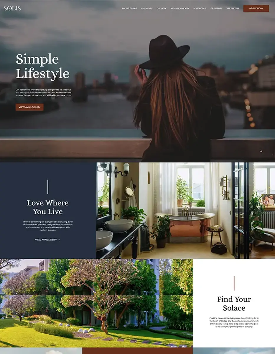 Website Design for Simple Lifestyle A website design featuring different sections including a coastal scene with a person looking out over water, a cozy interior space showcasing a bathroom, and a garden. The overall theme promotes a simple lifestyle and comfort in home living.
