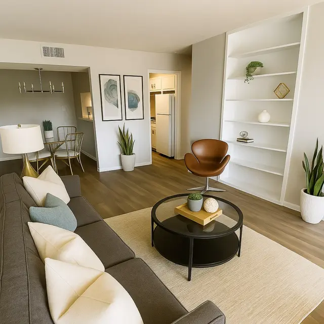 A stylish modern living room featuring a gray sofa with decorative pillows, a round black coffee table, and a wooden floor. The background includes a white shelving unit with plants and decor, and a kitchen area visible in the distance.