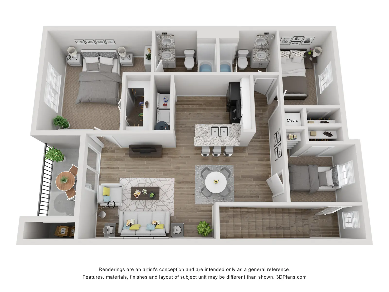 3D Apartment Floor Plan A 3D rendering of a modern apartment floor plan with multiple rooms including a living area, kitchen, and bedrooms.