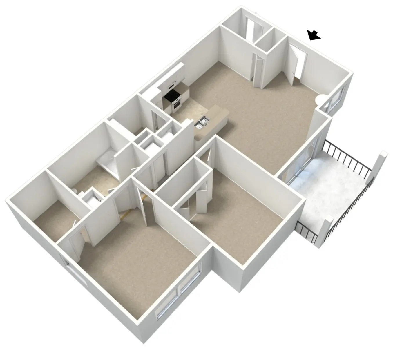 3D floor plan of a home with multiple rooms including a kitchen, living area, and various bedrooms.