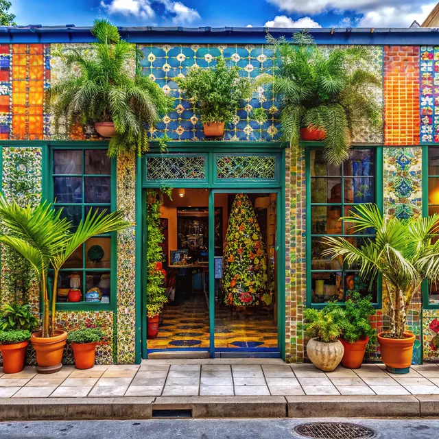 A vibrant building façade adorned with colorful tiles and potted plants, featuring large windows and a wooden door.
