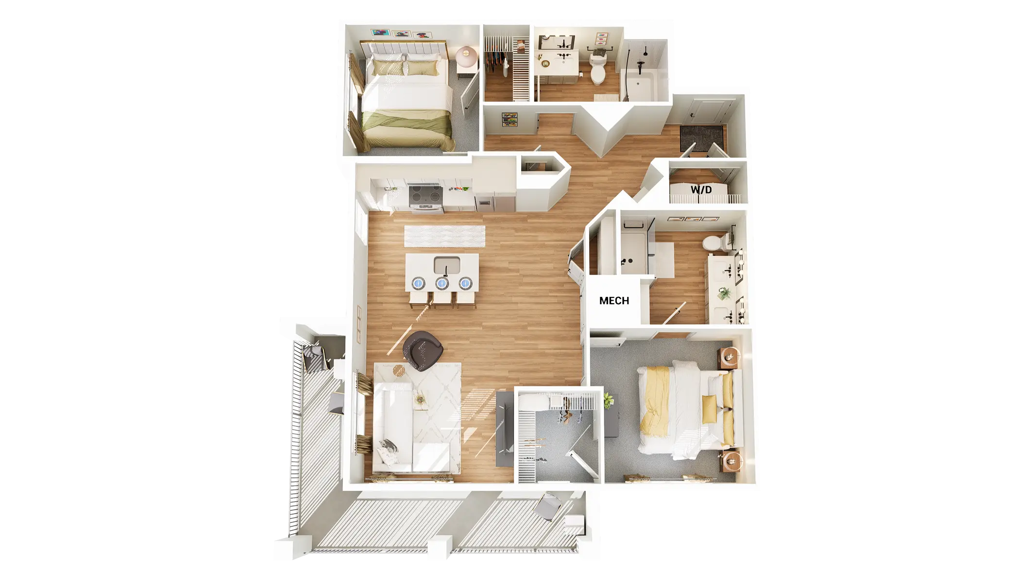 A top-down view of an apartment floor plan featuring two bedrooms, a living area, a kitchen, and bathrooms.