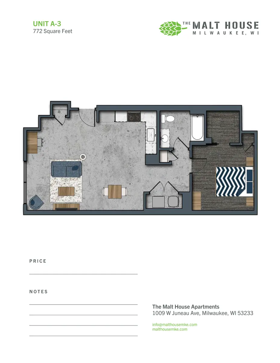 Floor plan of Unit A-3 at The Malt House apartments showing layout in 772 square feet.