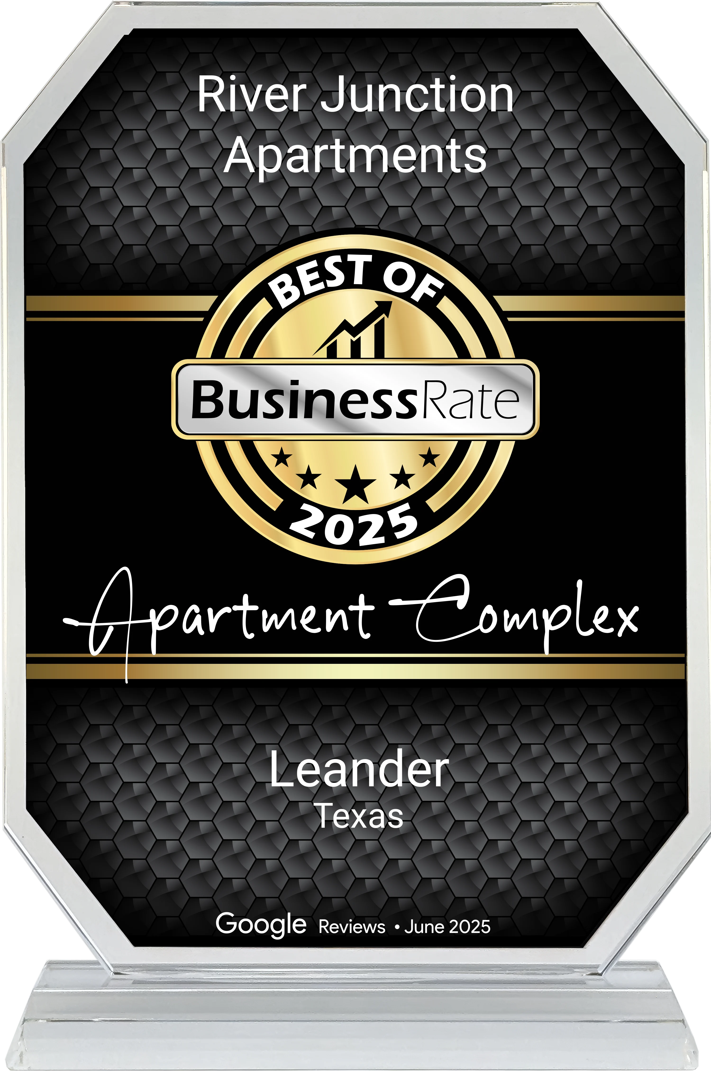Award plaque for River Junction Apartments, recognizing Best Apartment Complex of 2025 in Leander, Texas.