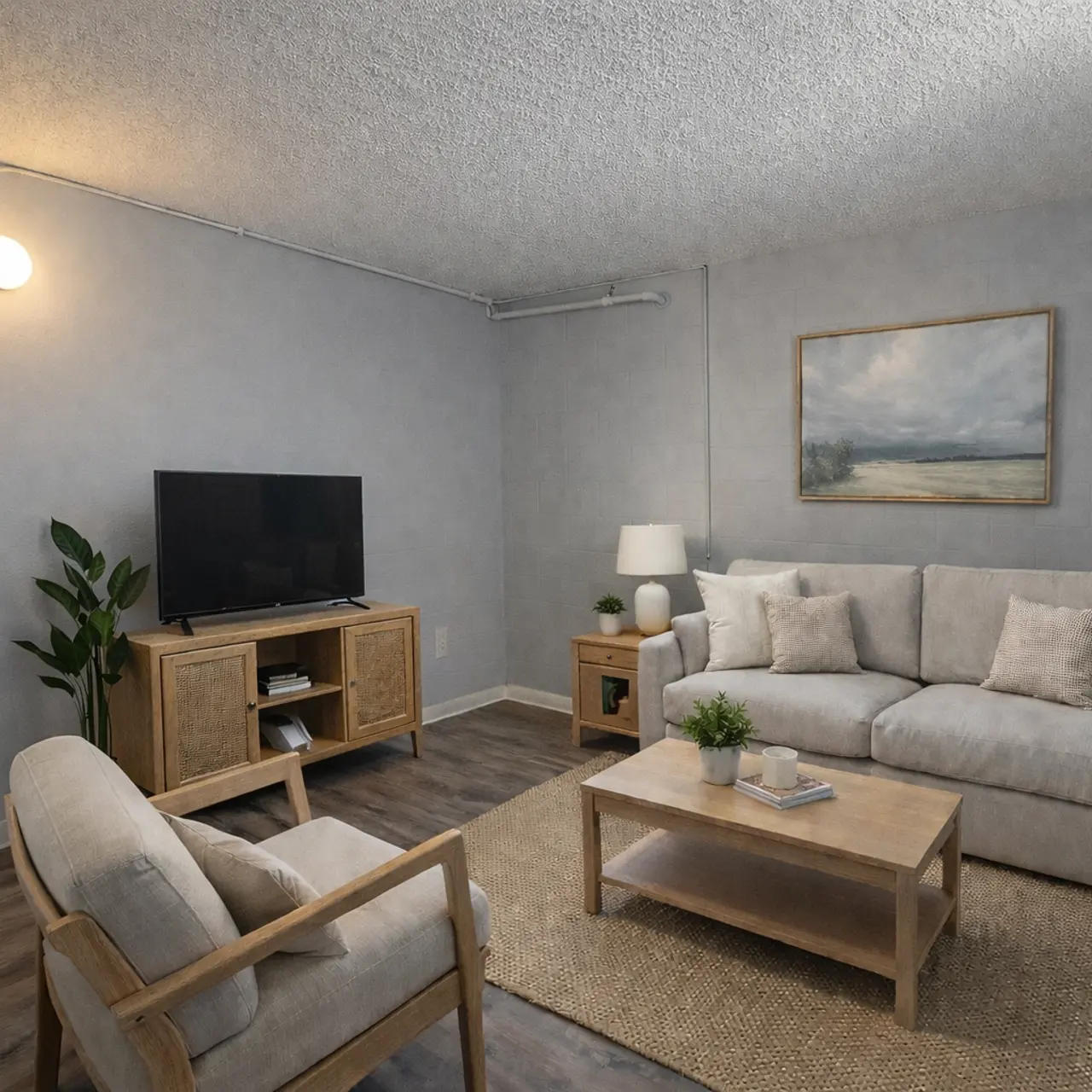 A cozy living room featuring a television, a light gray sofa with multiple cushions, a wooden coffee table, and a small side table with a lamp. There is a green plant in the corner and a painting mounted on the wall.