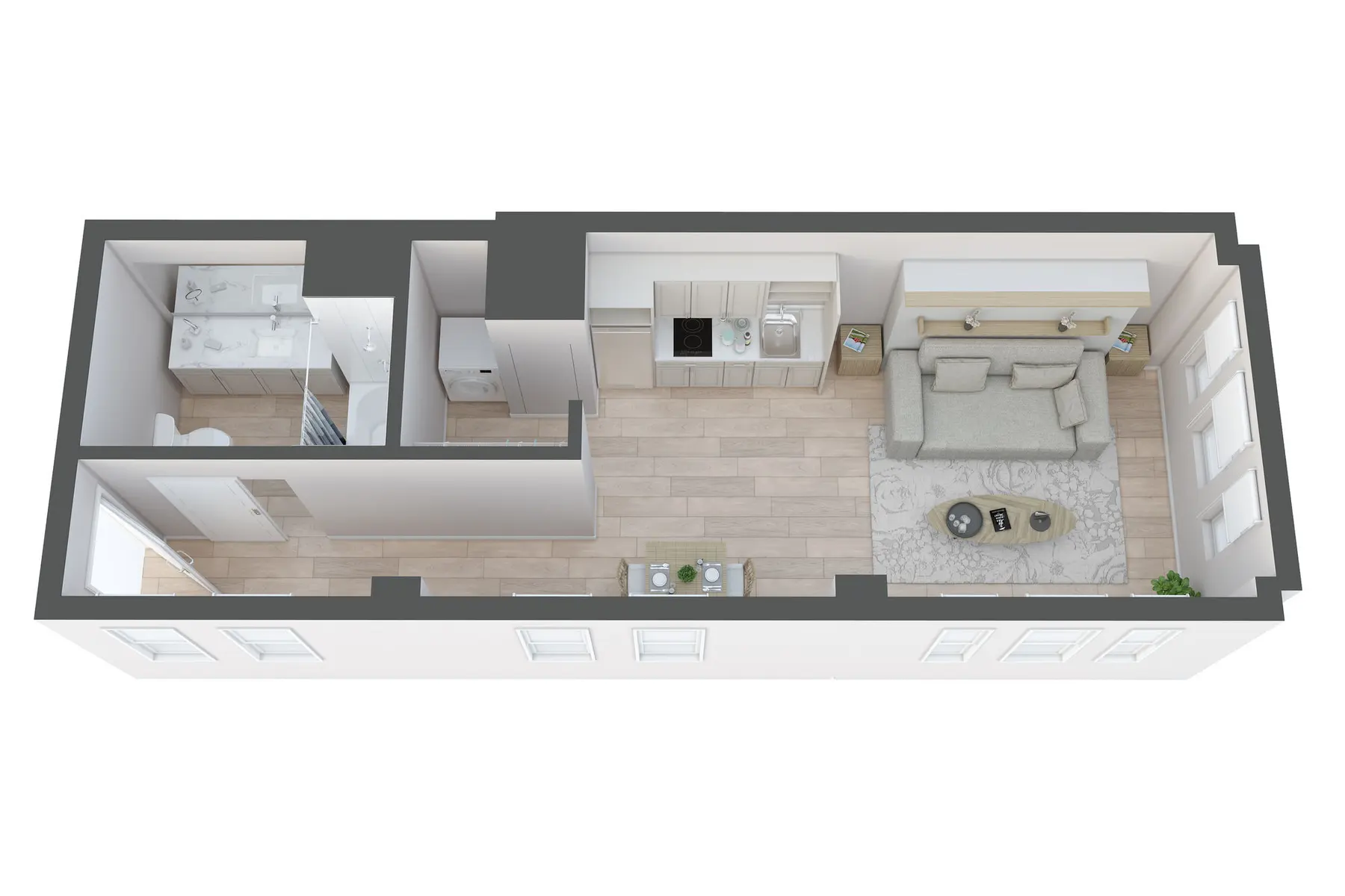 A 3D floor plan showing a small apartment layout with a living area, kitchen, bathroom, and a bedroom.