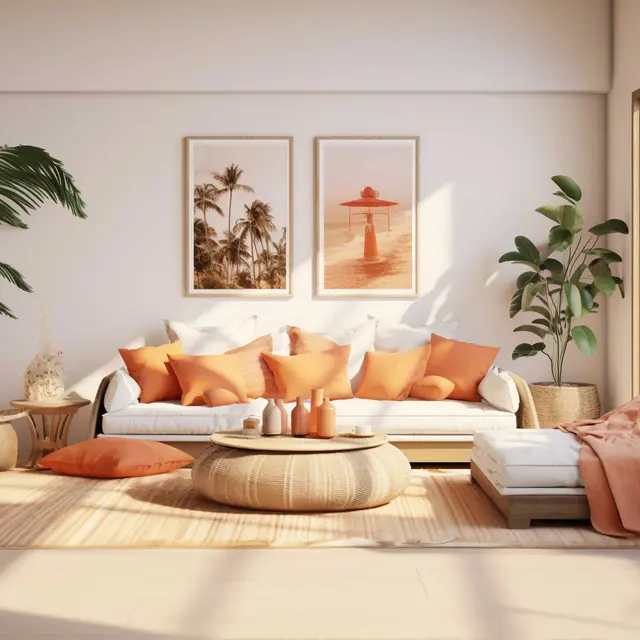 A bright and airy modern living room featuring a white sectional sofa adorned with orange cushions, surrounded by large windows letting in natural light. Decorative plants are placed around the room, and two framed pictures hang on the wall. A round coffee table is in the center, complemented by a beige area rug.