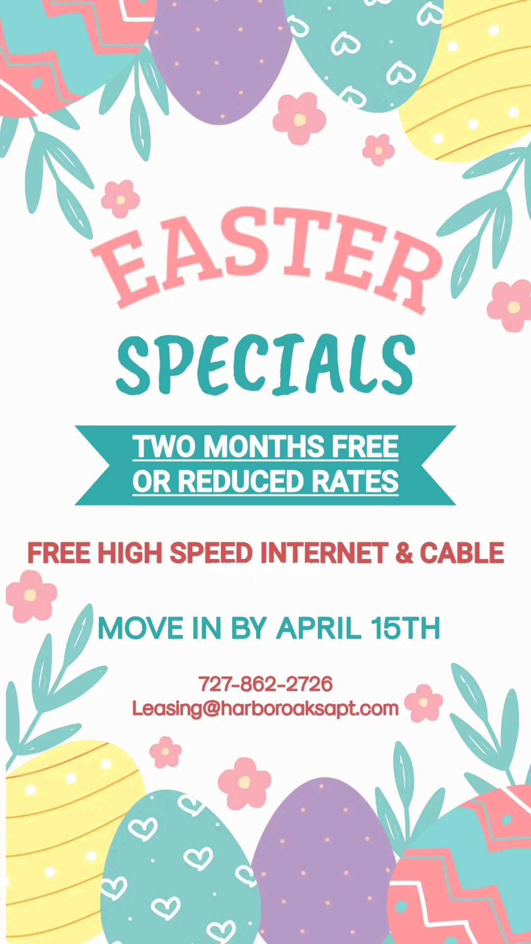 Easter Specials Promotion Promotional flyer for Easter specials featuring colorful Easter eggs and flowers, offering two months free or reduced rates, high-speed internet and cable.