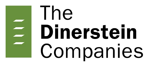 Logo of The Dinerstein Companies featuring a green rectangular shape with three white lines and the company name next to it in bold black text.