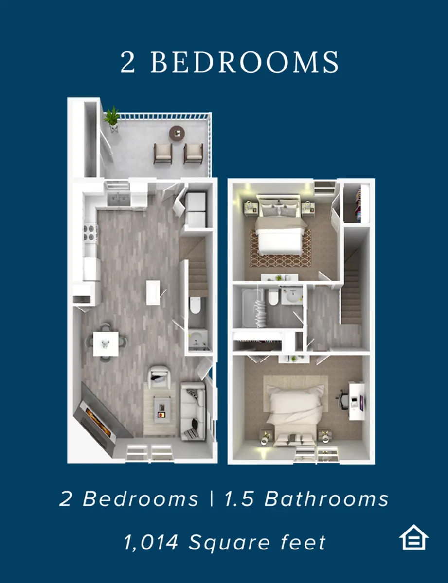 A floor plan featuring a two-bedroom, one-and-a-half bathroom layout with 1,014 square feet. The layout is divided into two levels with a modern design, showing the arrangement of rooms and furniture.