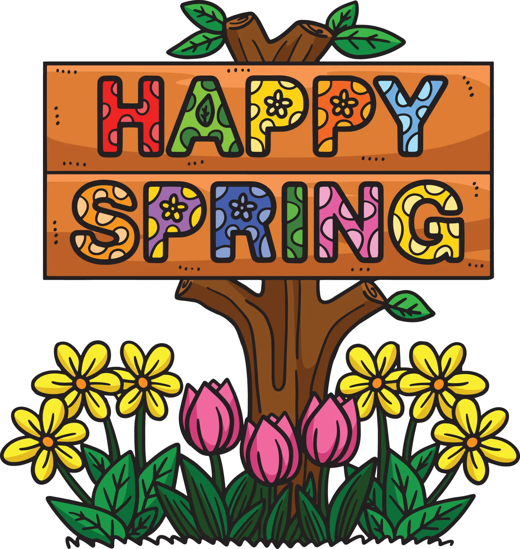 A colorful sign that reads 'Happy Spring' on a wooden post, surrounded by yellow flowers and pink tulips, with green leaves above the sign.