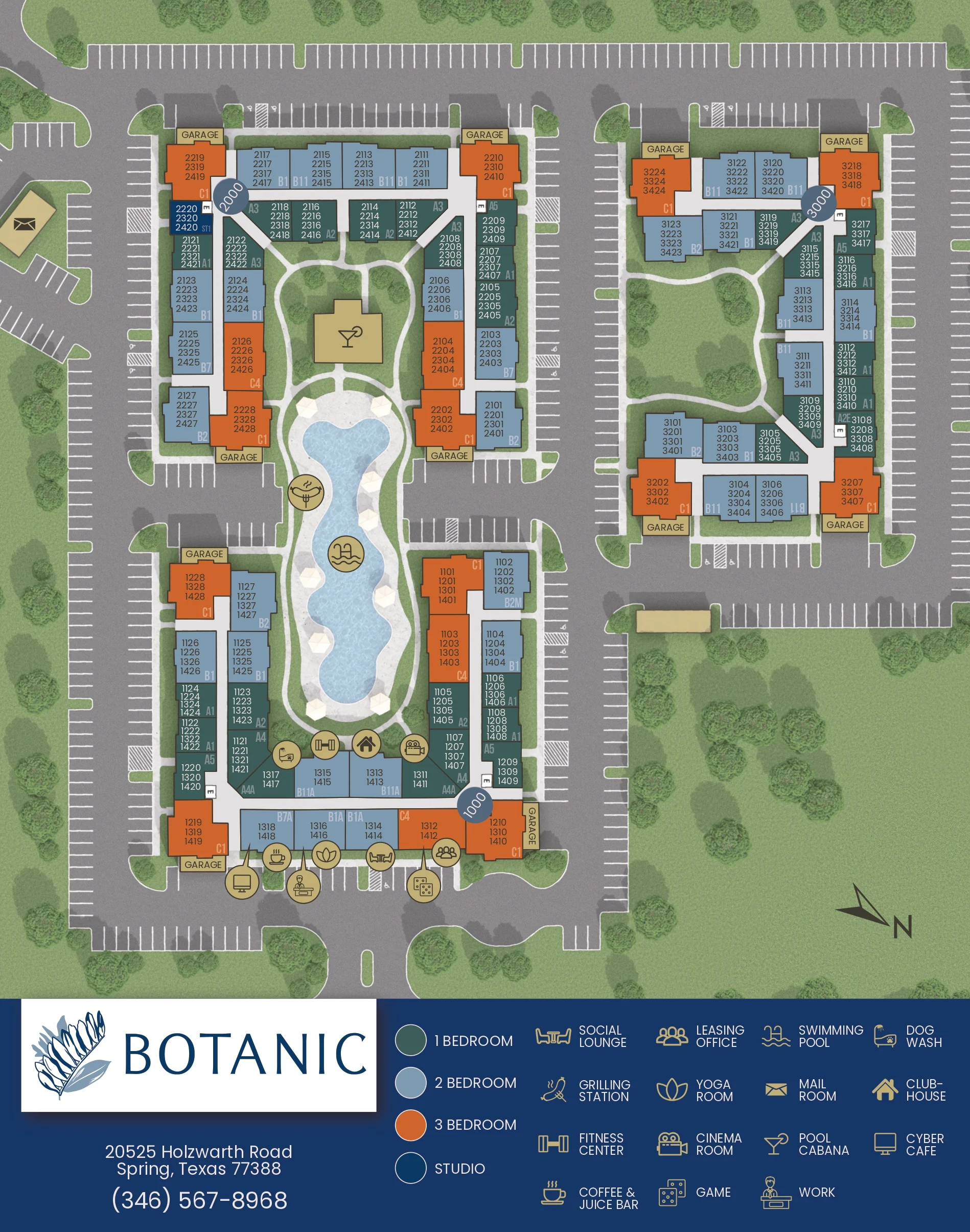Map layout of the Botanic apartment complex featuring buildings labeled with apartment types: 1-bedroom, 2-bedroom, and studio units, centered around a pool area and parking spaces.