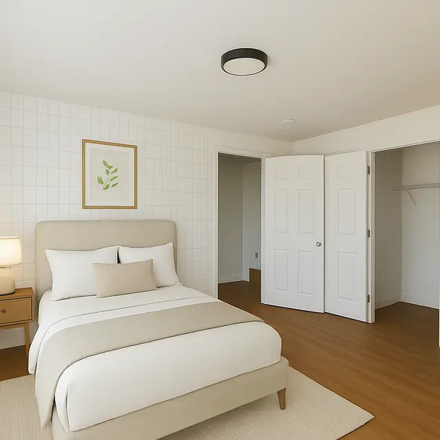 Modern Minimalist Bedroom A modern, minimalist bedroom featuring a bed with light-colored bedding, a bedside lamp, and wooden furniture including a dresser. The room has a large window allowing natural light, with a plant and wall art adding a decorative touch.