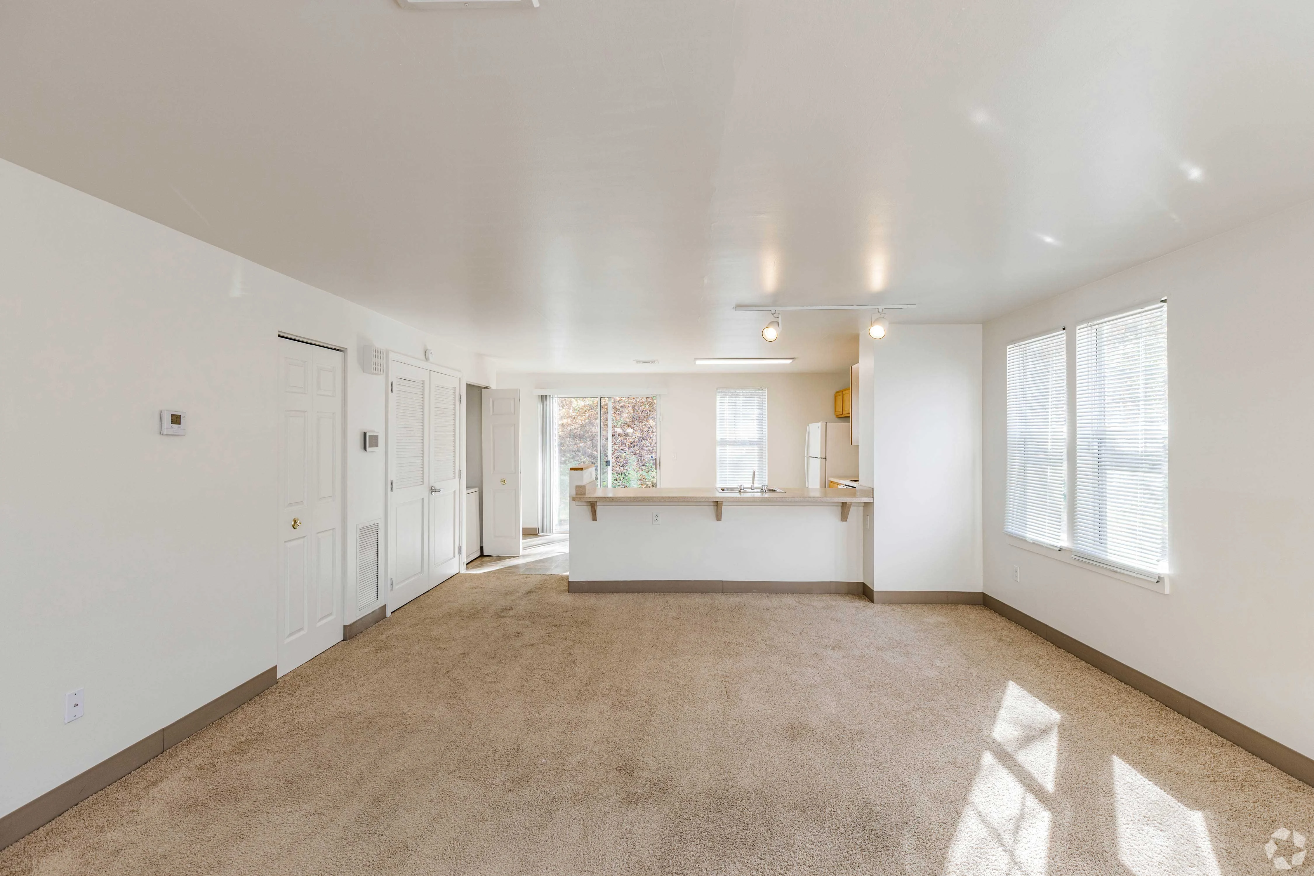Spacious Living Room with Kitchenette A spacious, empty living room with light-colored walls and carpet, featuring large windows that let in natural light. The room has a small kitchenette area visible in the background.