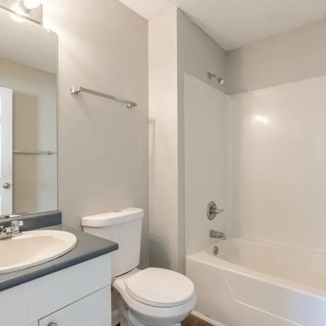 A clean, modern bathroom featuring a white bathtub with a shower, a toilet, a sink with a round basin, and a large mirror above the sink. The walls are painted in a soft gray color, and there is a white door visible in the background.