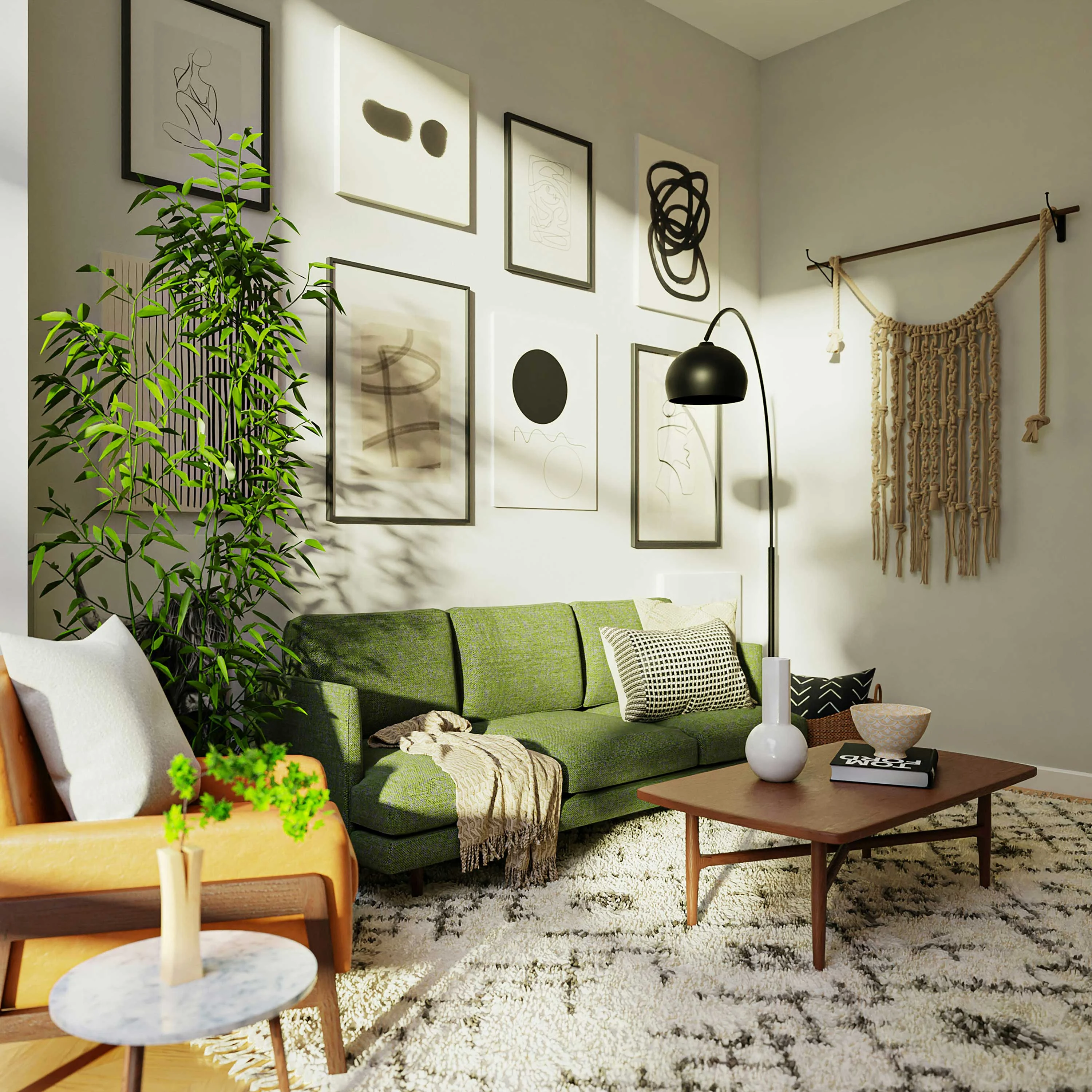 A modern living room featuring a green sofa, an orange armchair, a coffee table, and framed artwork on the walls. A tall plant adds greenery to the space, and a stylish floor lamp provides illumination.