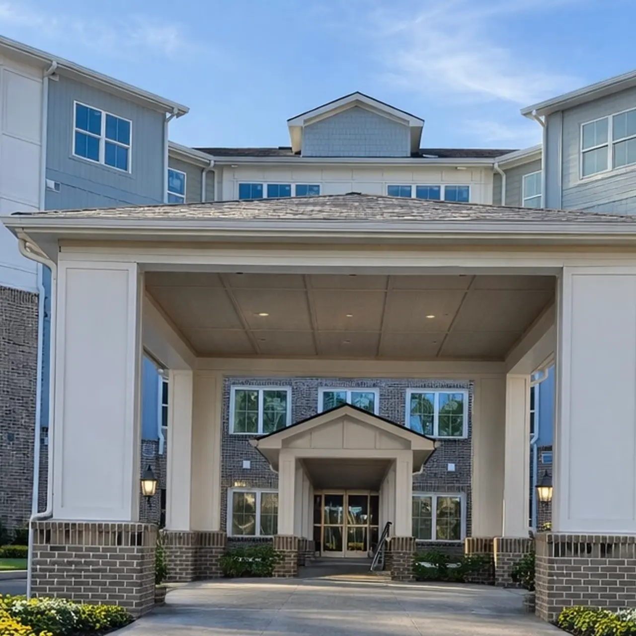 A modern building's entrance with a porch and landscaped garden.